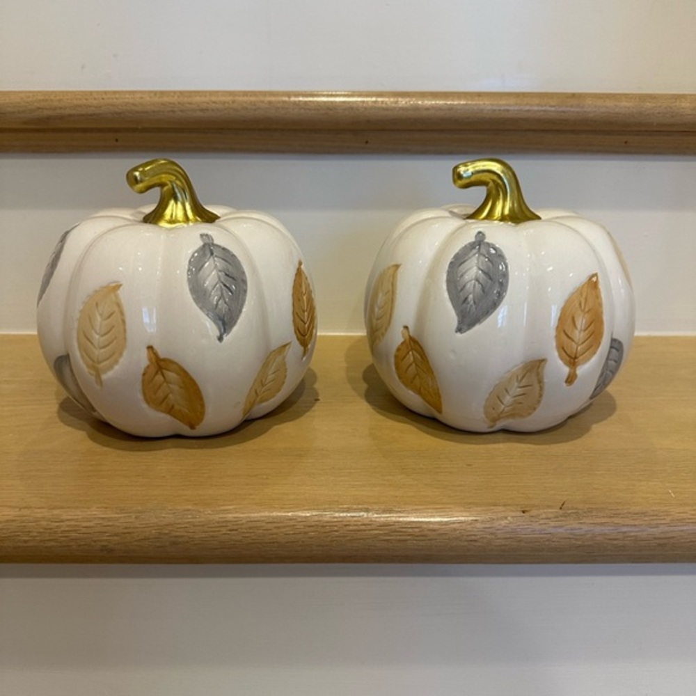 Decorative White Pumpkins with Gold and Gray Leaves